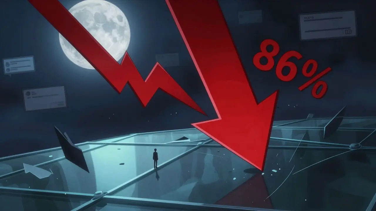 Anime investor standing alone under crashing price arrow in void