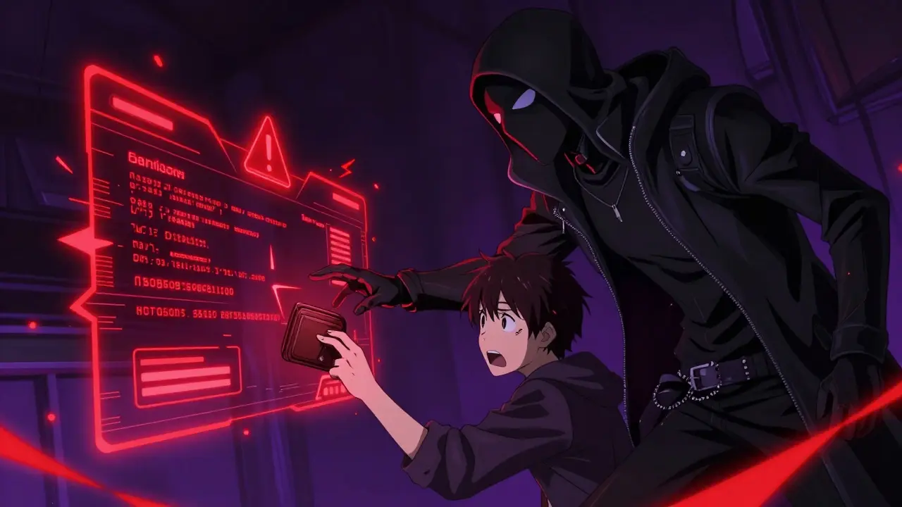 Anime scene showing a hacker phishing for crypto wallet credentials.