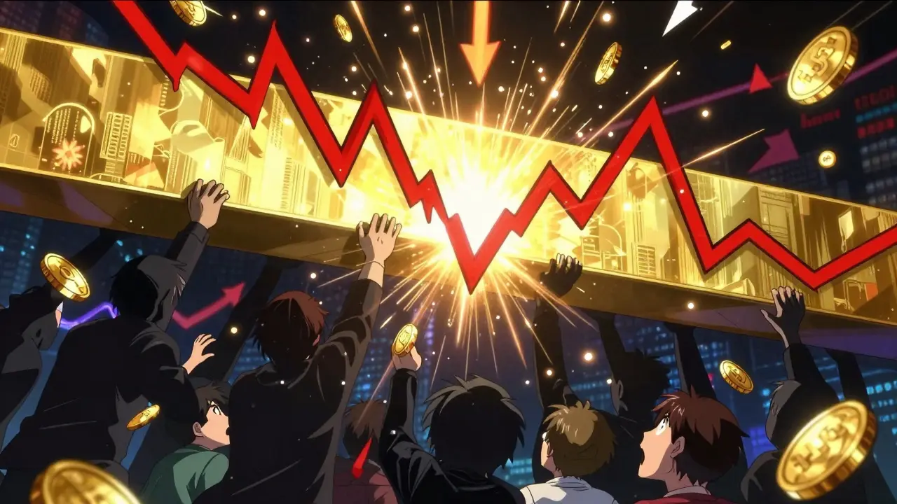 Anime style price candle hitting a golden resistance barrier with sparks.