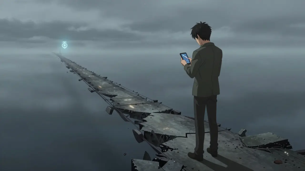 Anime trader on a crumbling bridge symbolizing low token liquidity.