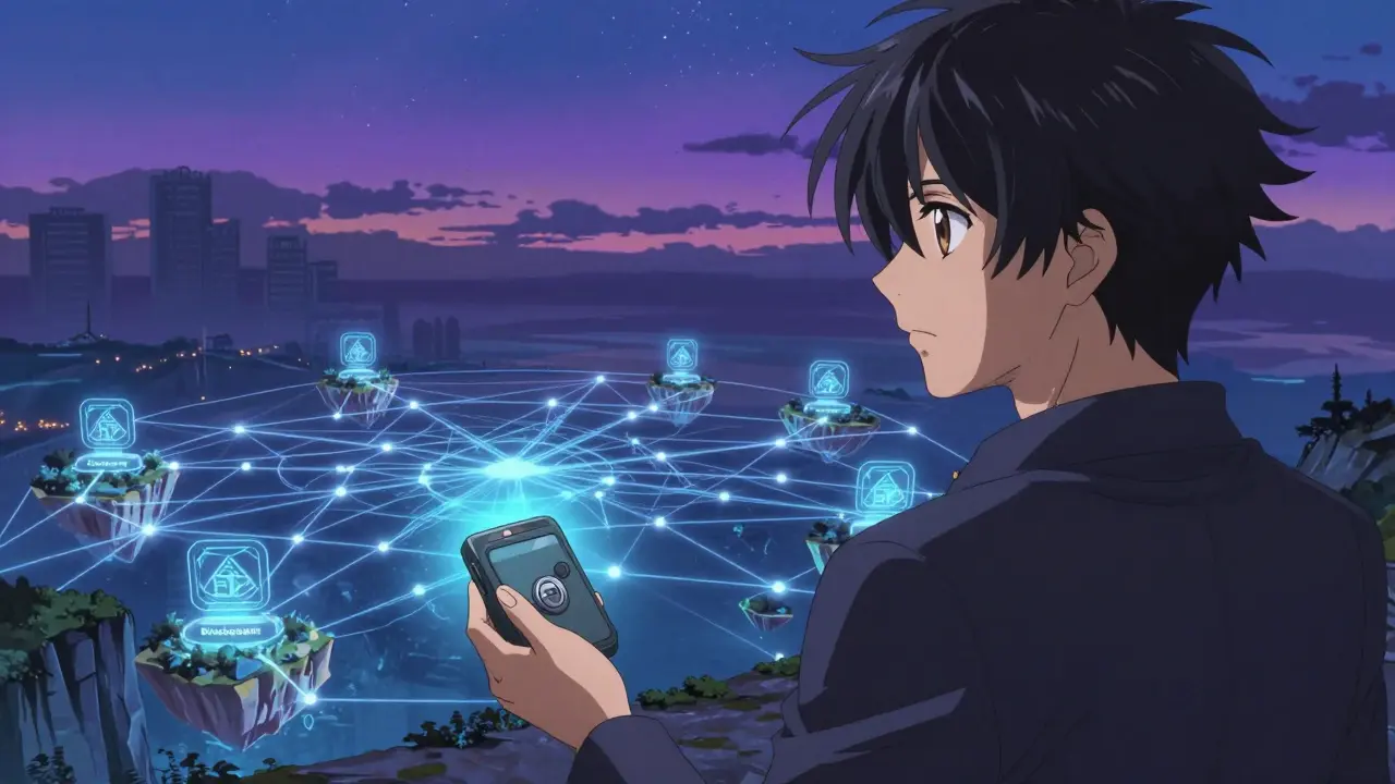 Anime trader overlooking a connected blockchain landscape