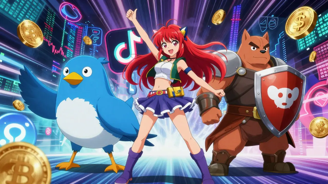 Anthropomorphic social media spirits battling through crypto data streams