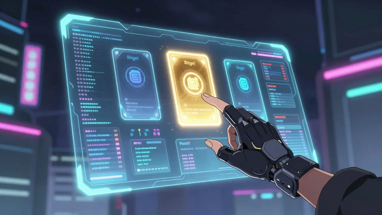 Character selecting a glowing task card from a holographic crypto interface