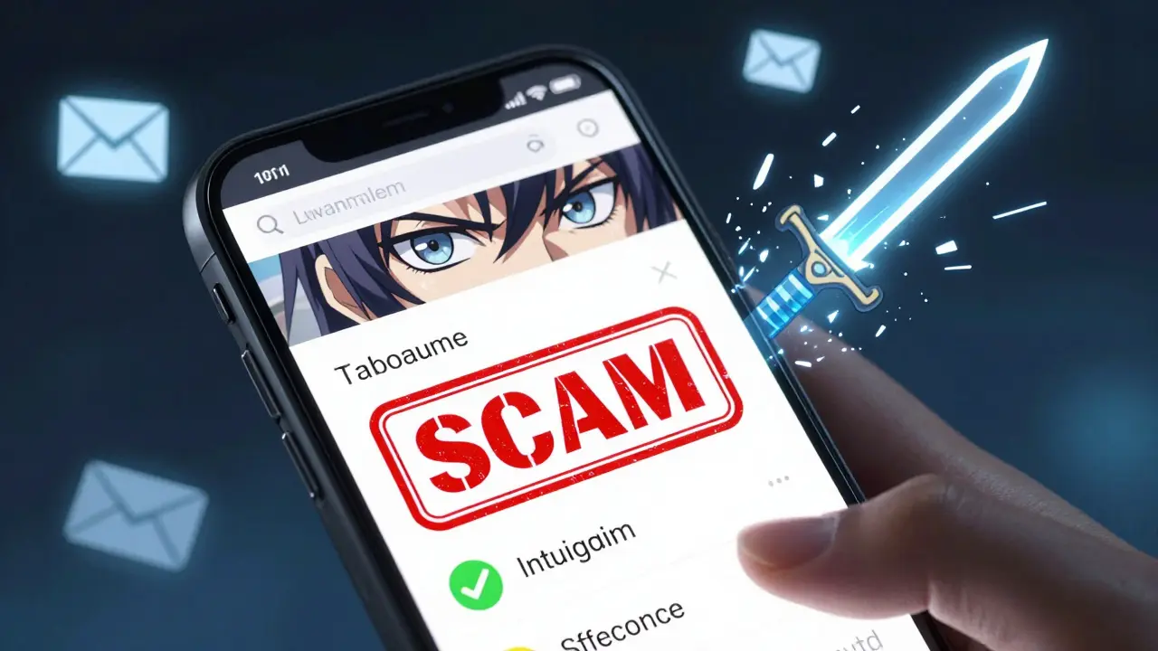 Close-up of a phone screen highlighting a fake URL vs real one in anime style