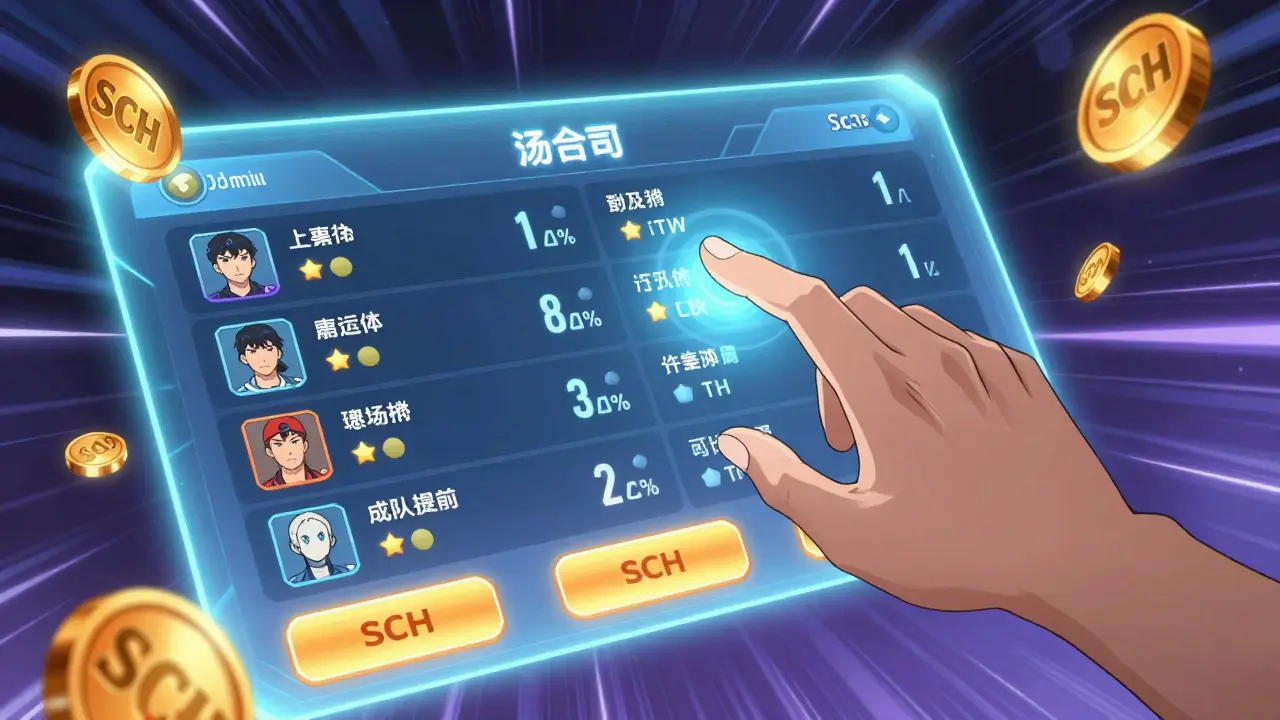 Close-up of hand interacting with holographic soccer game stats and SCH token interface.