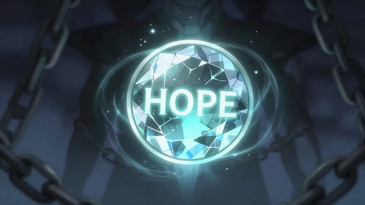 Glowing HOPE token gemstone surrounded by risky energy particles