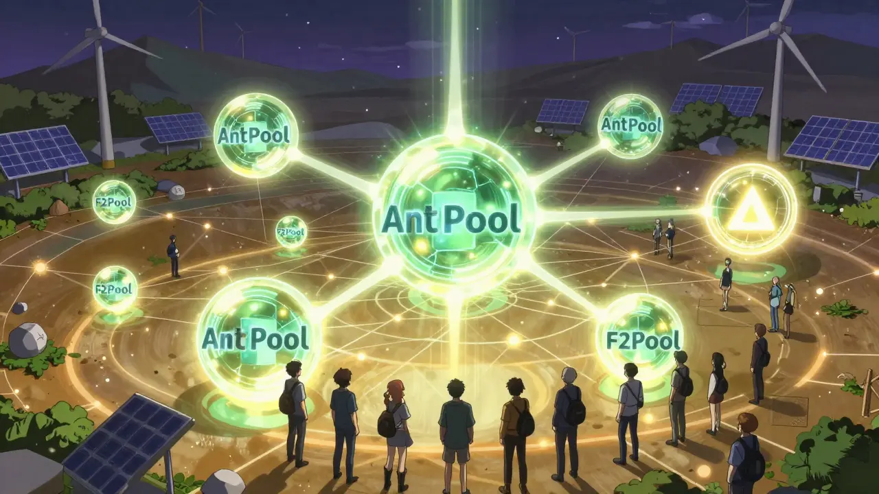 Glowing network nodes representing mining pools and decentralization