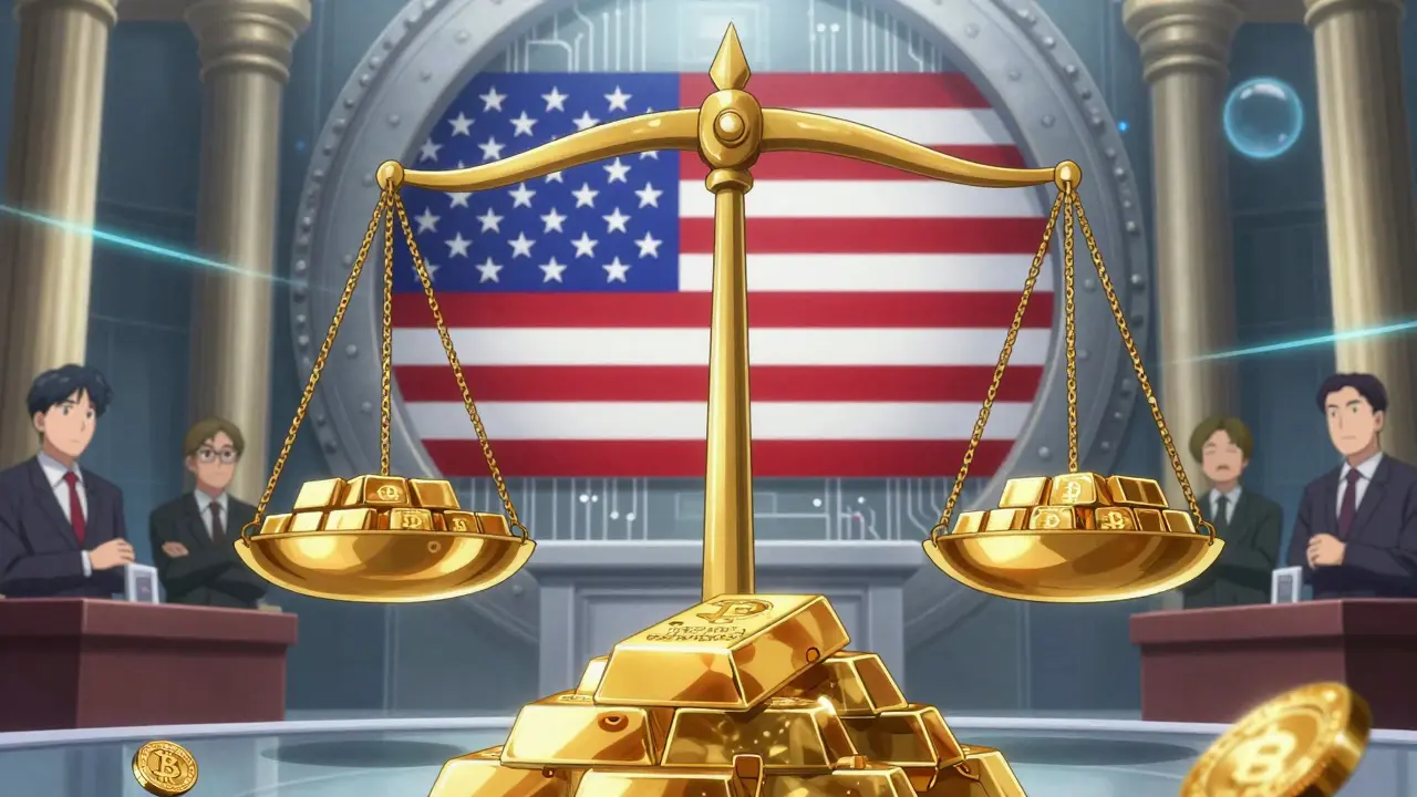 Golden scales balancing blockchain and gold bars under bright heroic light