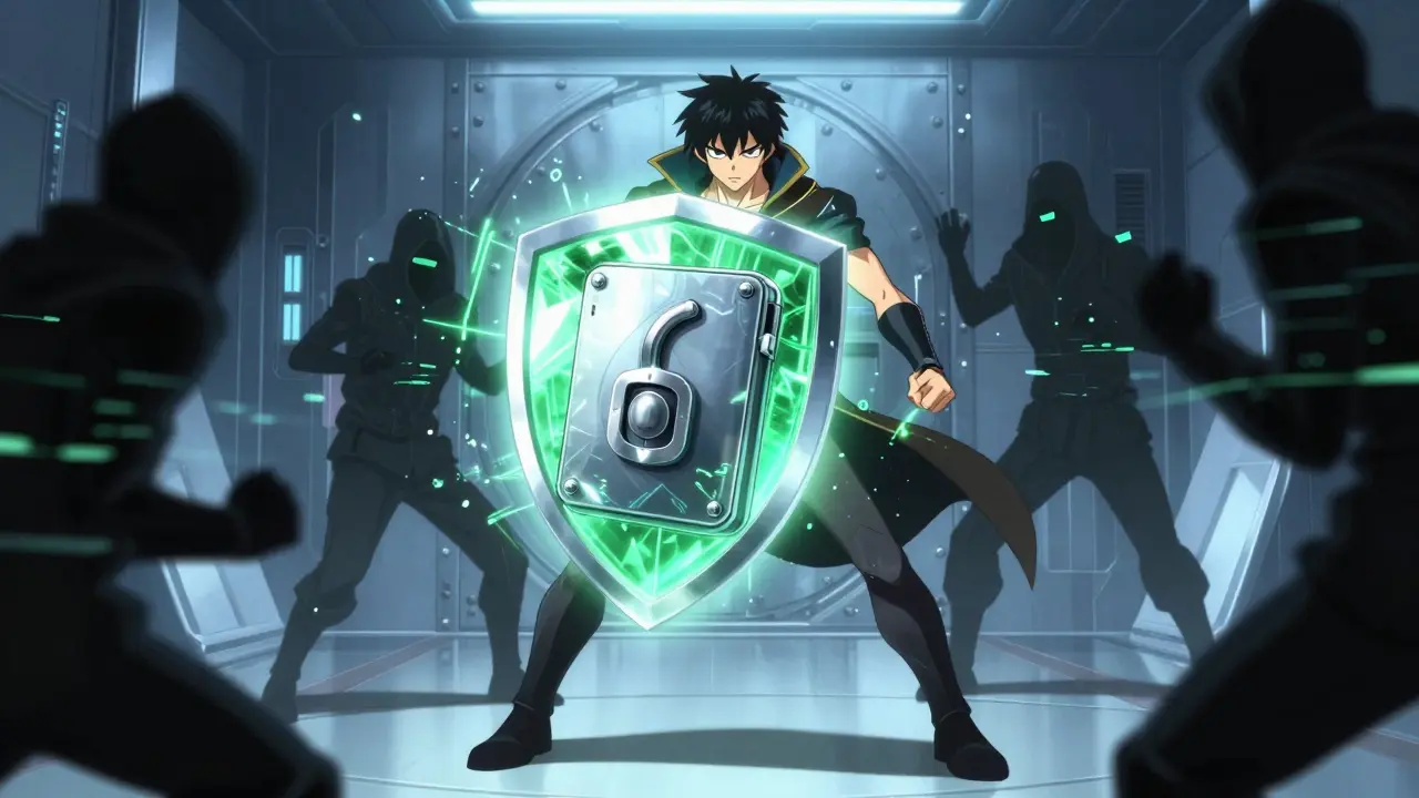 Heroic anime figure protecting hardware wallet from hackers