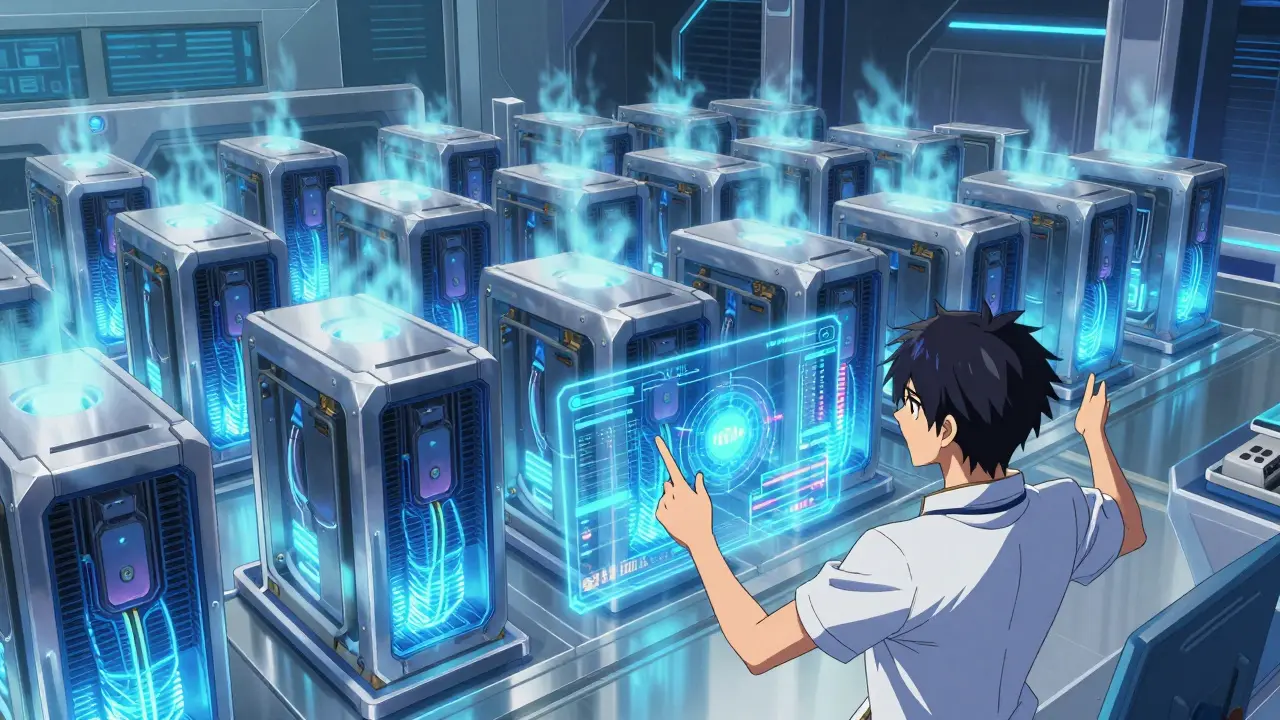 High-tech mining facility with liquid-cooled ASICs and holograms