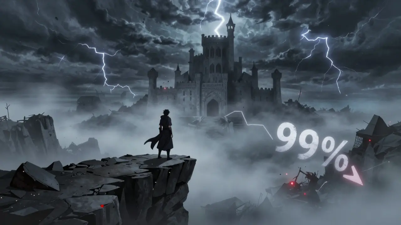 Lone warrior on a cliff overlooking ruins, symbolizing crypto market crash