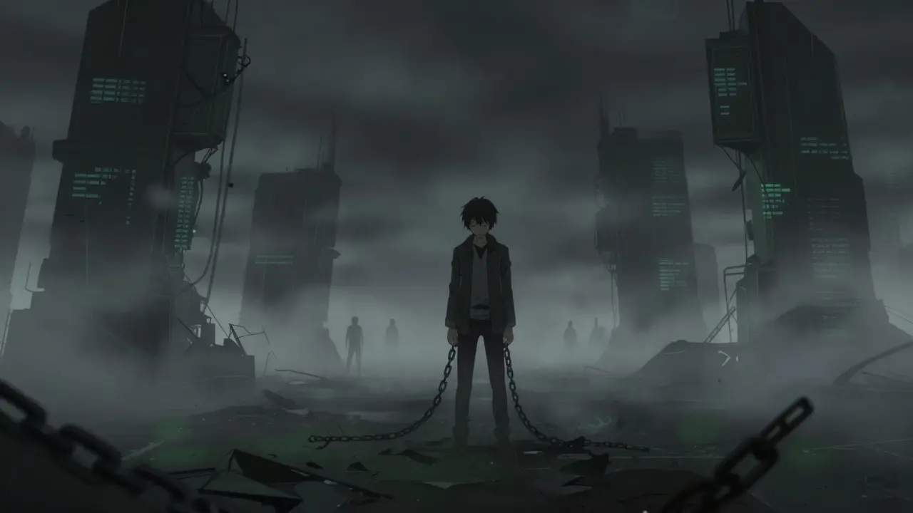 Lonely anime figure in a crumbling, foggy digital void.