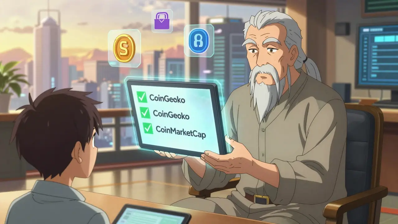 Manga mentor showing verified crypto tools to a student in a dojo