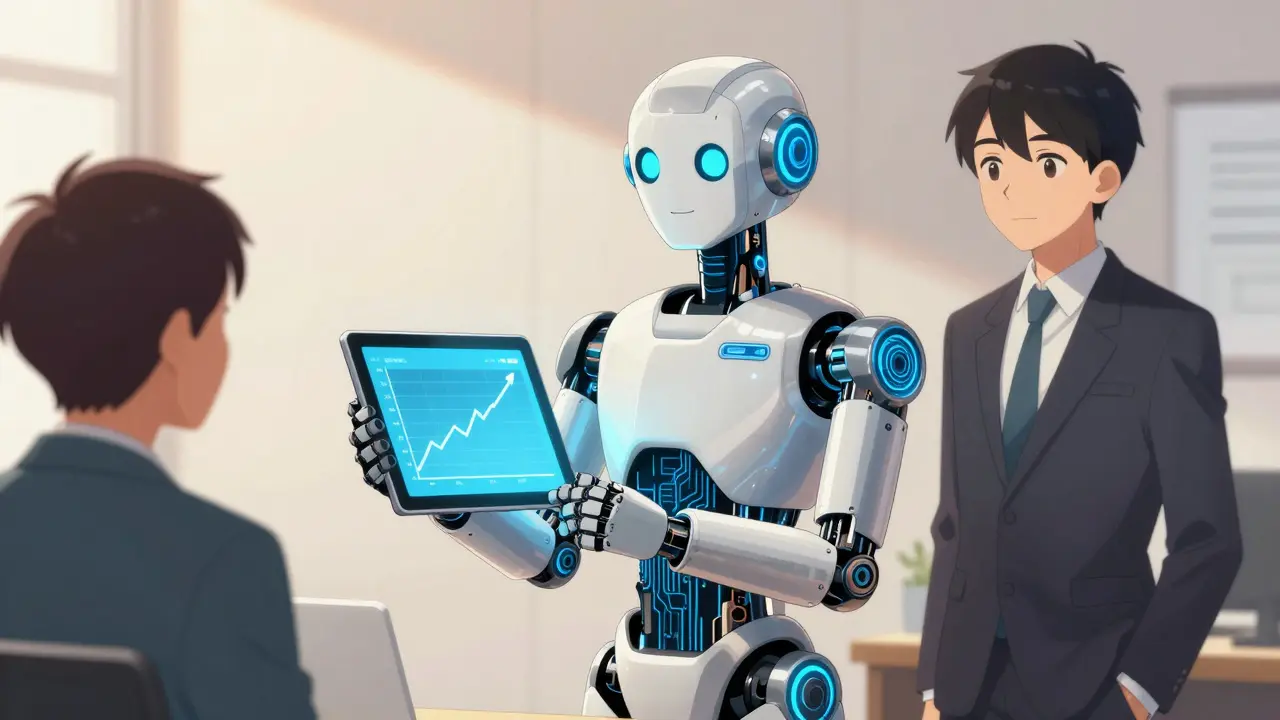 Robot assistant helping calm investor with automated tools