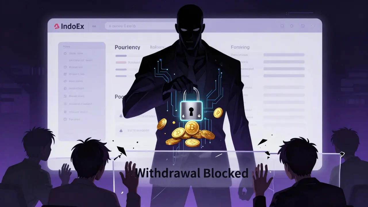 Shadowy figure blocking withdrawals on a dark exchange platform