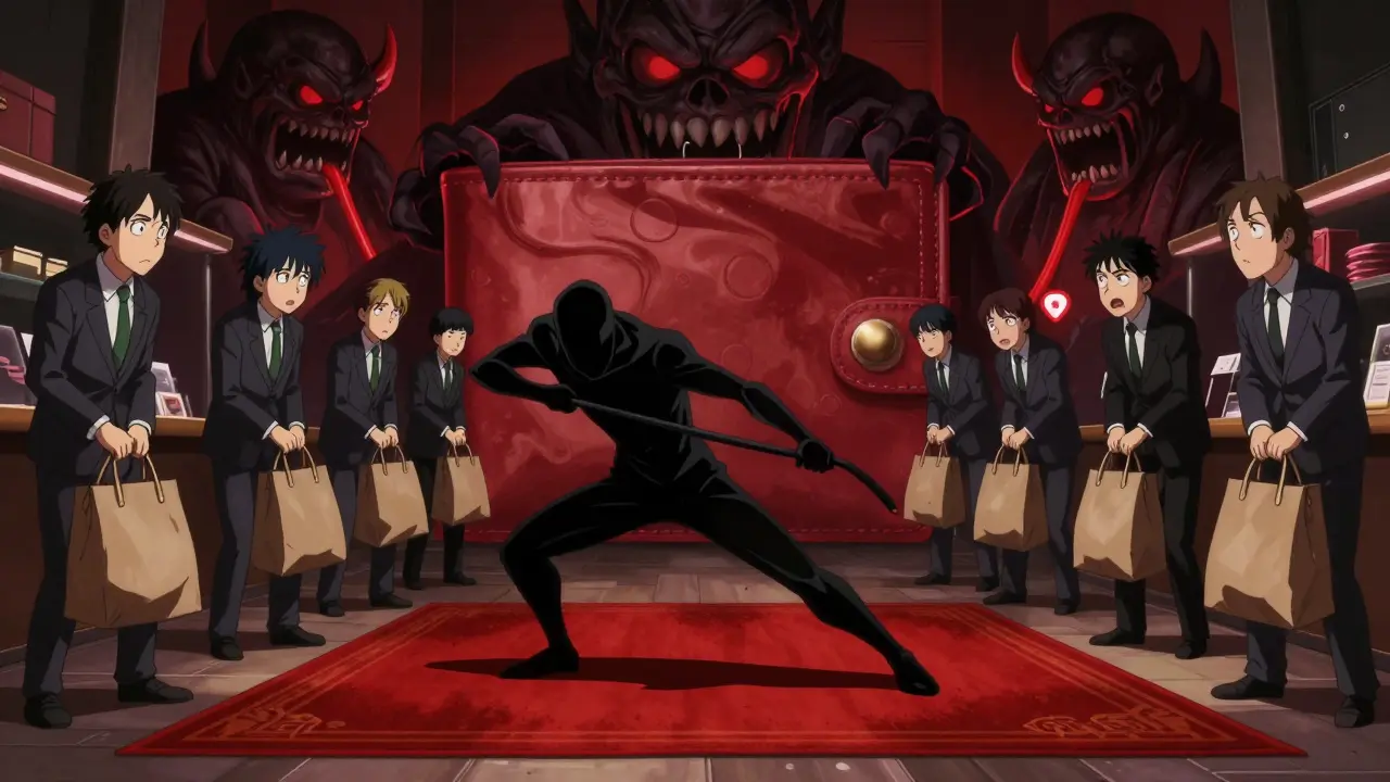 Shadowy figure pulling a rug from under investors in dark anime style