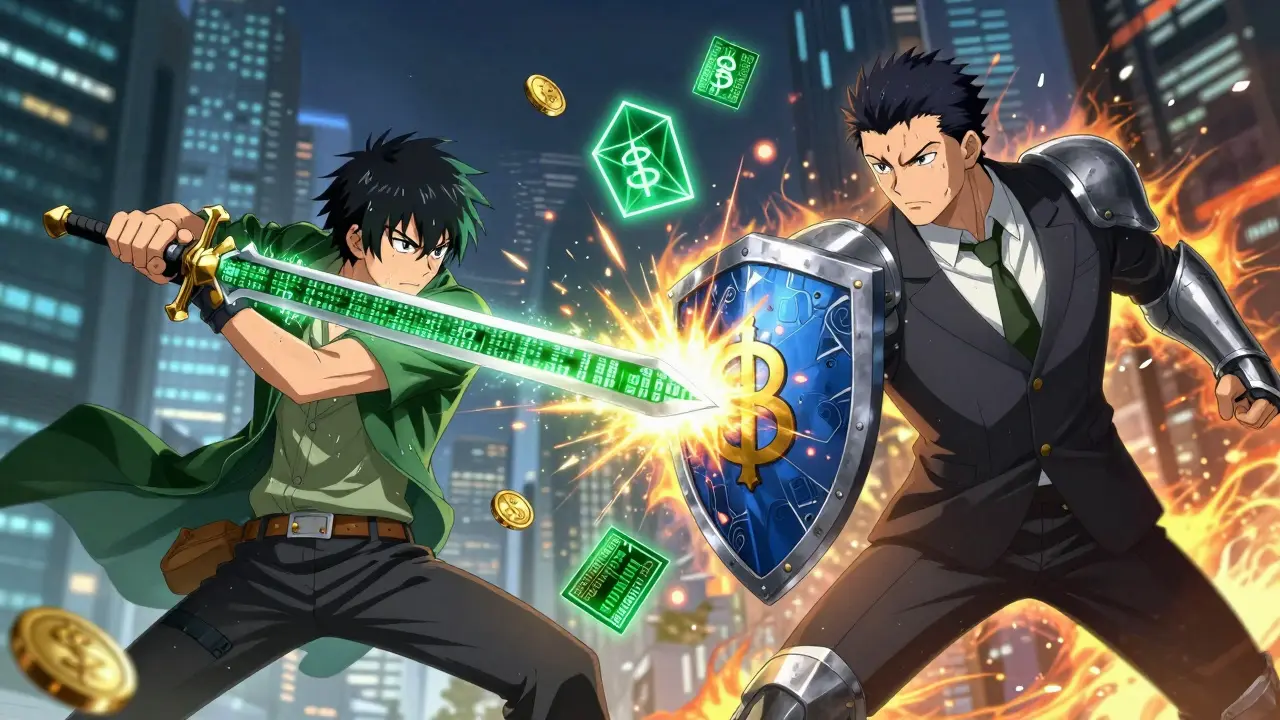 Shounen anime battle between blockchain warrior and traditional banker