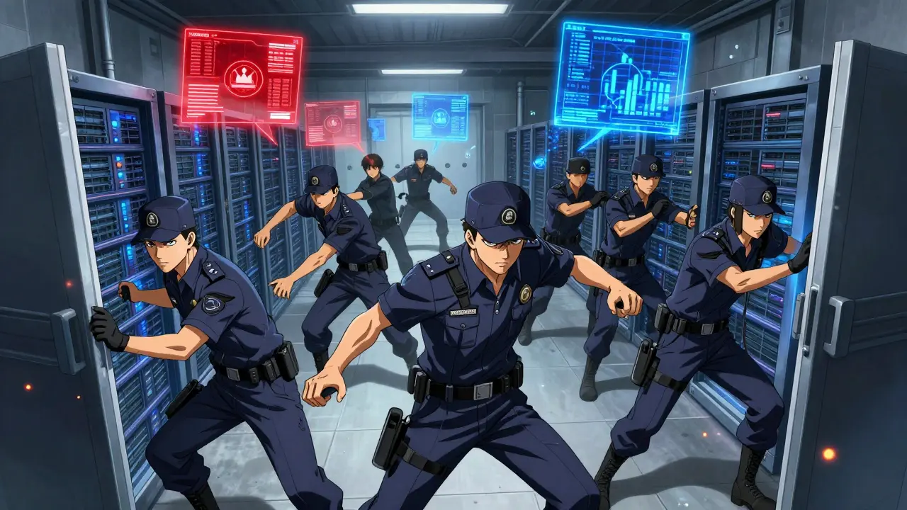 Shounen anime scene of police raiding crypto mining servers and freezing digital transactions