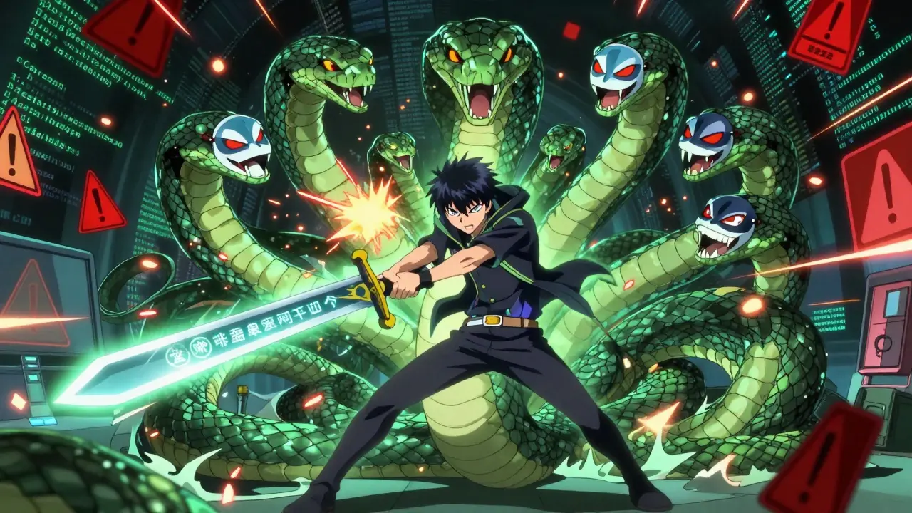 Shounen warrior battling a multi-headed scam serpent in digital space