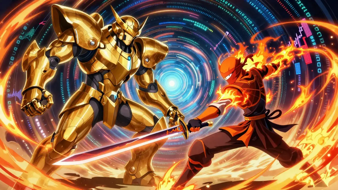 Small agile ninja fighting giant armored robot in data stream battle