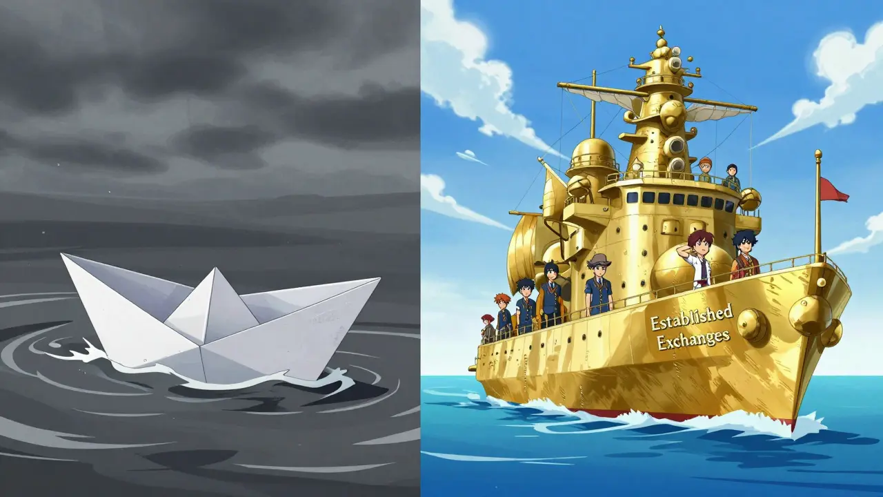 Small boat vs giant ship comparing risky niche exchange to safe established platforms