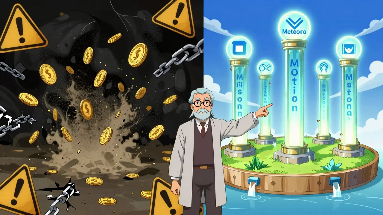 Split scene contrasting dissolving fake tokens with stable project pillars