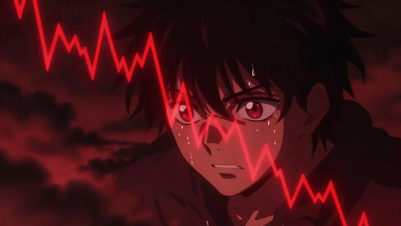 Stressed anime character watching red stock chart crash down