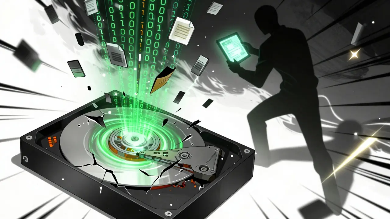 Stylized hard drive releasing binary code and file fragments