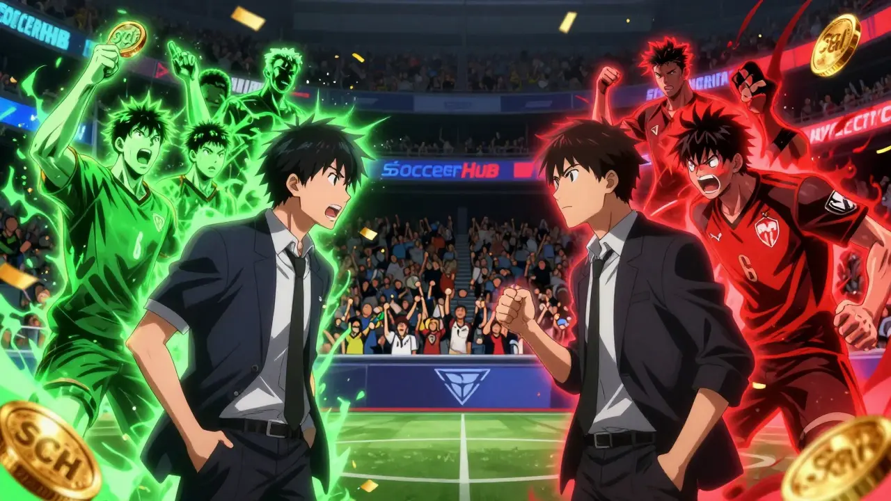Two anime rivals facing off with glowing team spirits and raining SCH tokens in arena.
