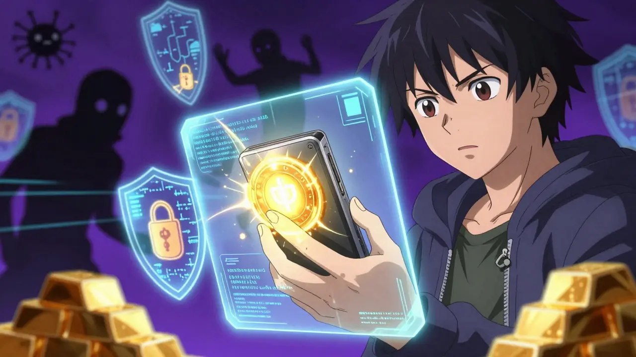 User securing assets with a glowing hardware wallet against hacker threats