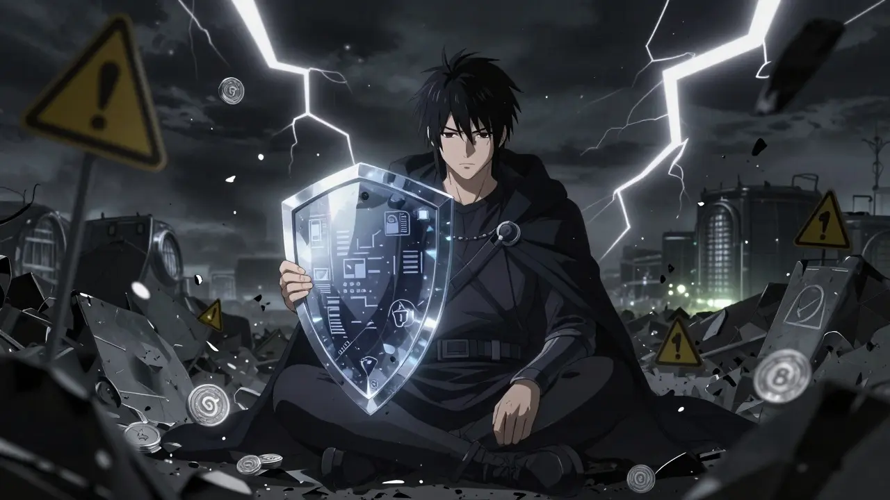Warrior holding crystal shield against storm of digital crypto risks