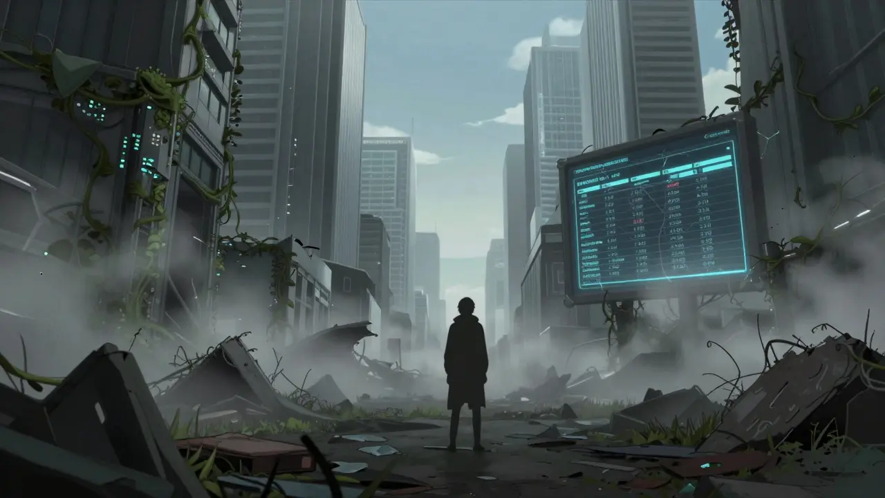 Abandoned crypto exchange ruins contrasting with active competitors