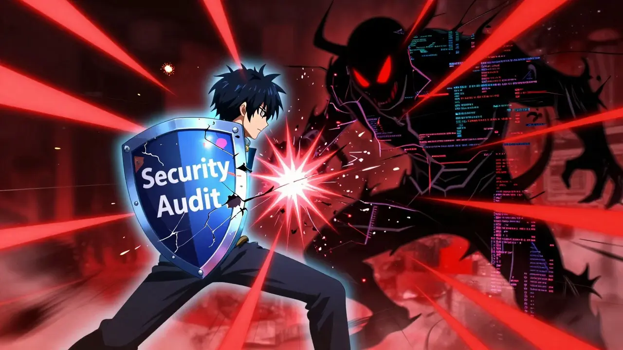 Anime battle scene: user fighting glitch monster representing un-audited code risks