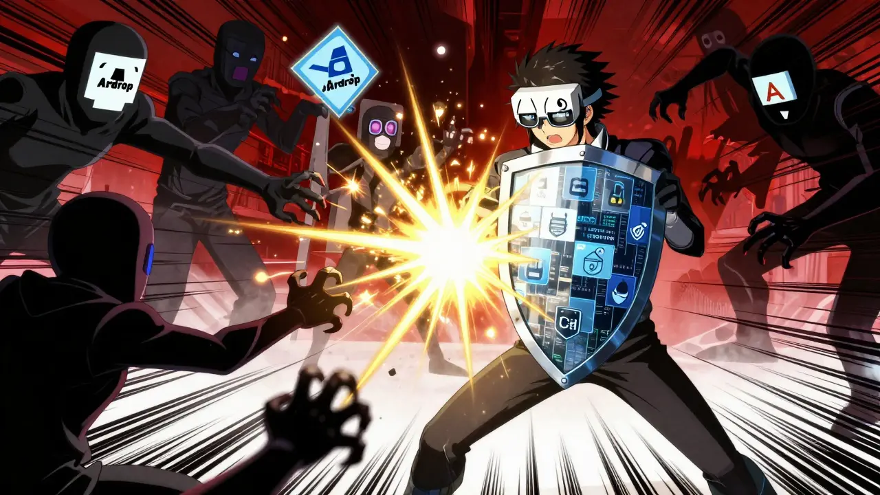 Anime character defending against shadowy scam monsters with a code shield