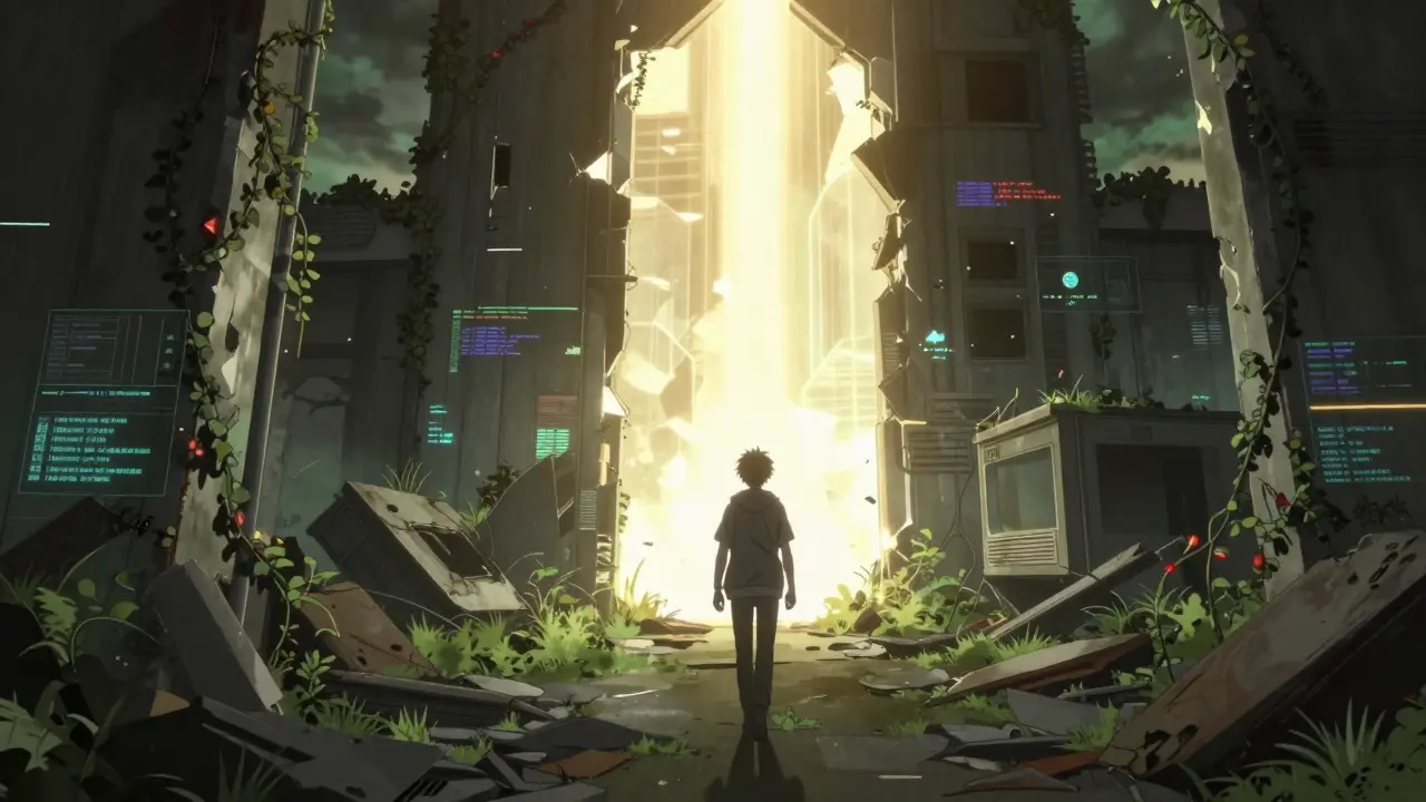 Anime character leaving ruined exchange for bright, safe alternative portal