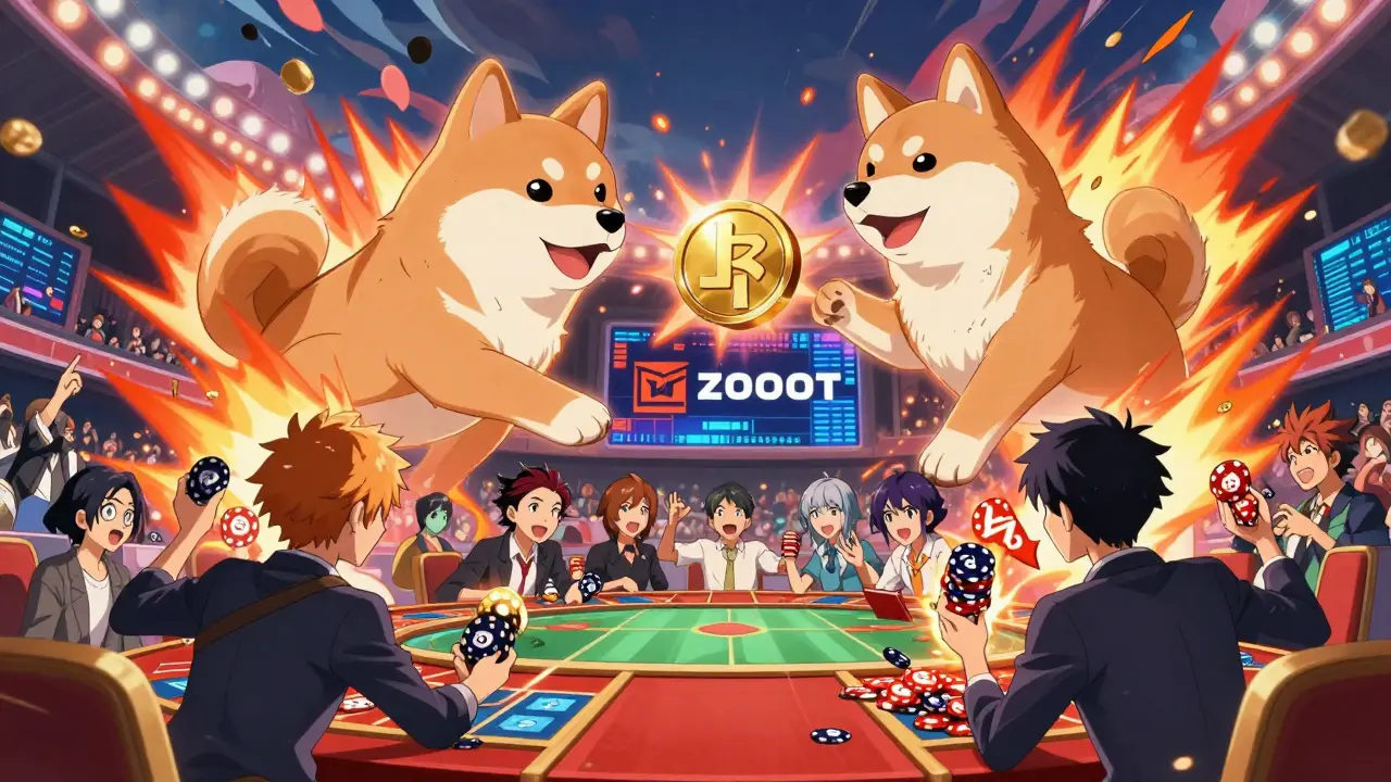 Anime characters betting on battling dog and cat spirit avatars in a chaotic arena.