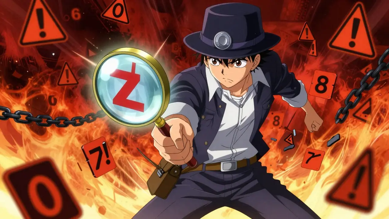 Anime detective using magnifying glass to reveal crypto red flags