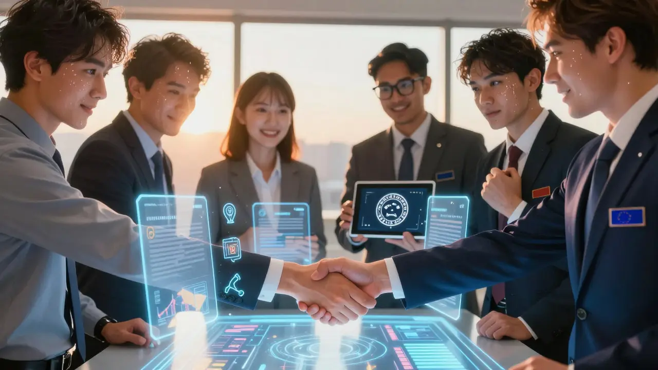 Anime entrepreneurs shaking hands over compliant crypto tech