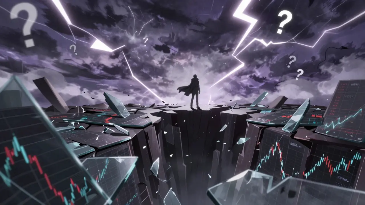 Anime figure standing on unstable crypto chart platform