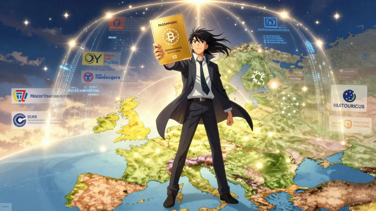 Anime founder holding glowing EU passport license over map