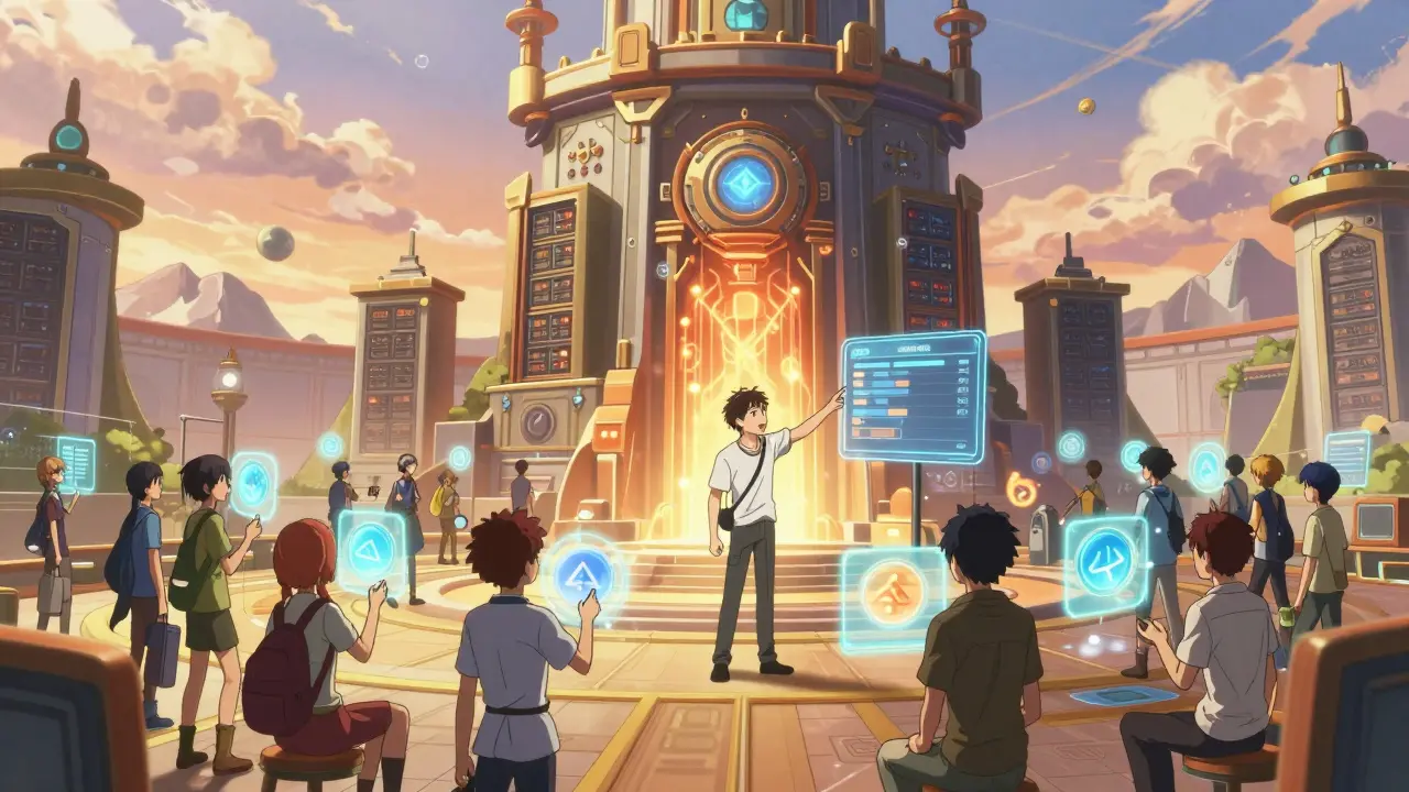 Anime group participating in a digital staking ritual at a tech temple