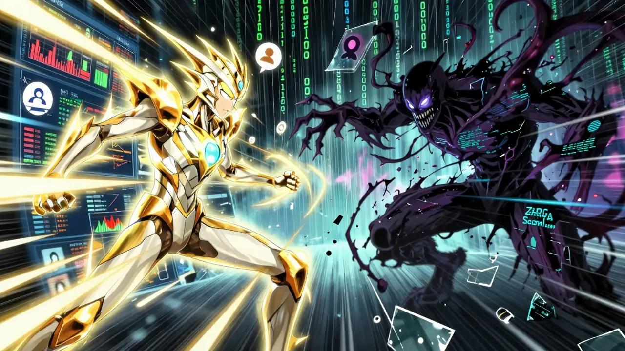 Anime hero fighting a glitchy scam monster representing fake crypto tokens