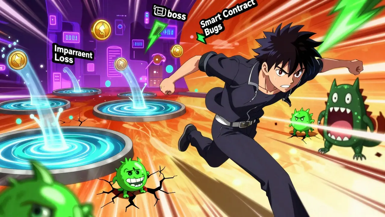Anime hero navigating chaotic liquidity pools and risks in yield farming.