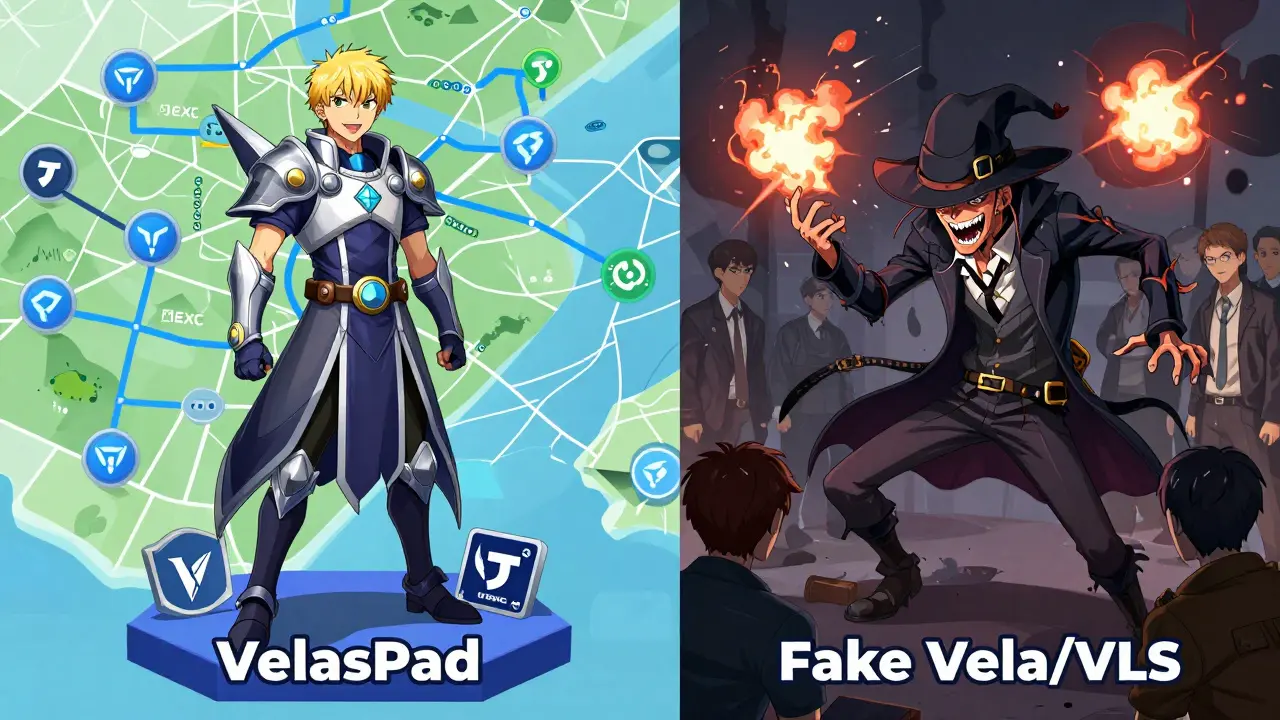 Anime heroes distinguishing real VelasPad from fake crypto impostors.