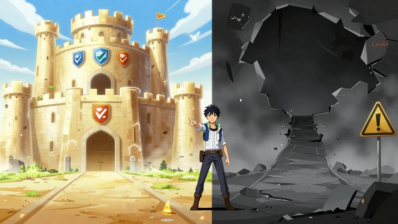 Anime scene contrasting a safe fortress with a dangerous dark path.