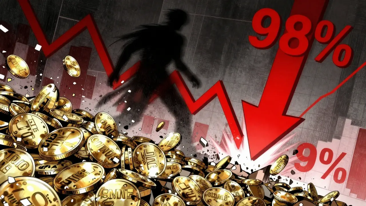 Anime scene of SIMPSON tokens crumbling into dust amid a market crash