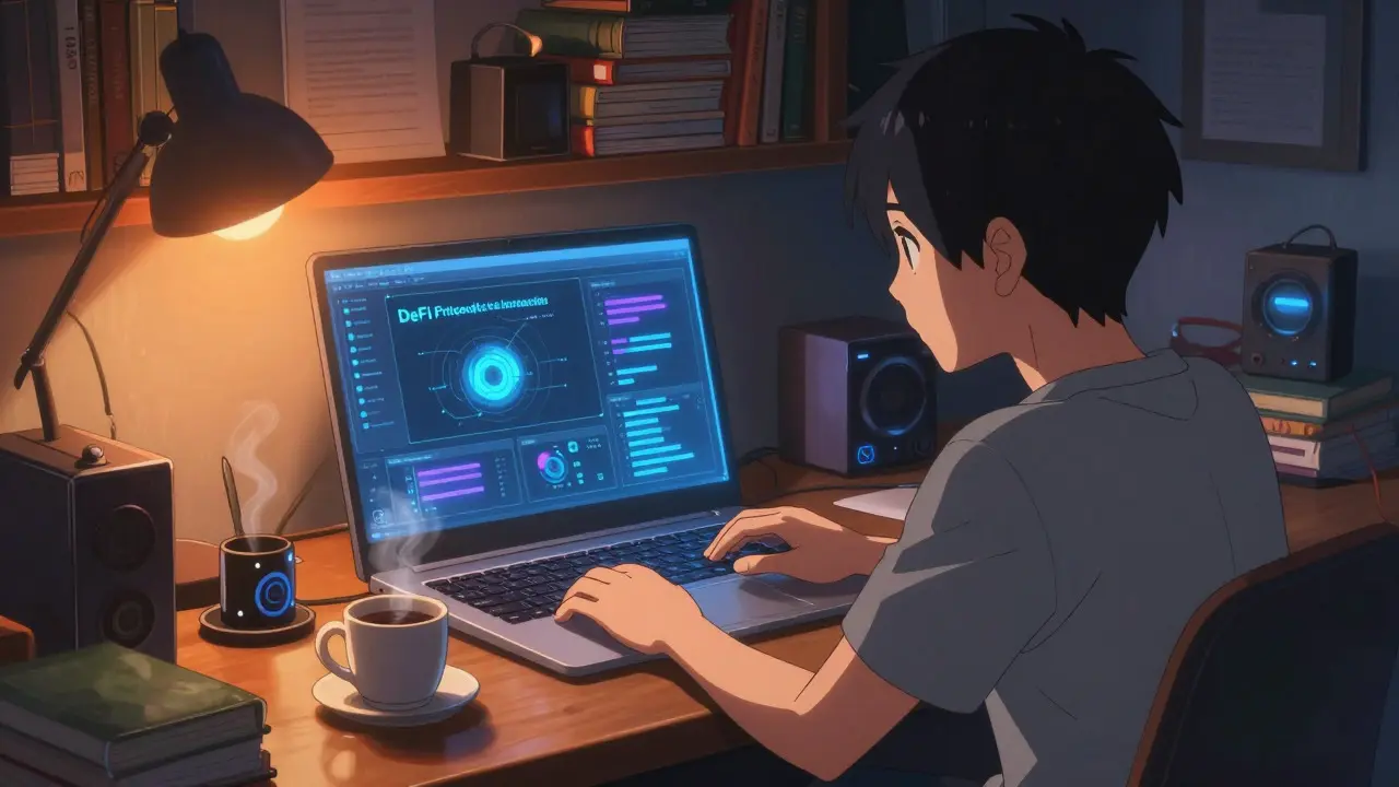 Anime student studying crypto guides at a lit desk