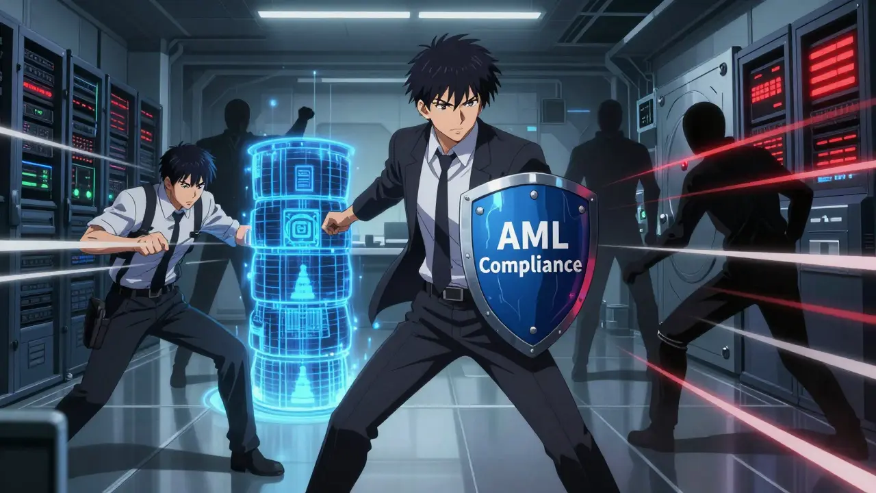 Anime team defending office from cyber threats with compliance shields