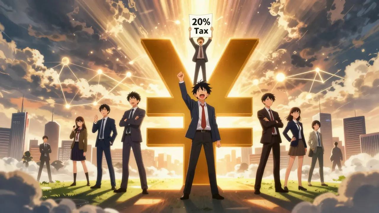 Anime traders celebrating lower crypto taxes on a rising platform in Tokyo