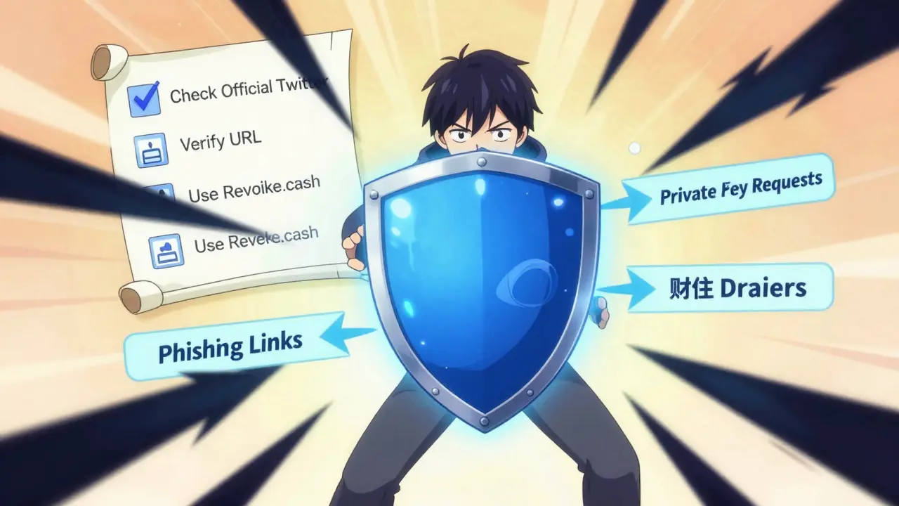 Anime user activating a shield to block phishing attacks and protect wallet.